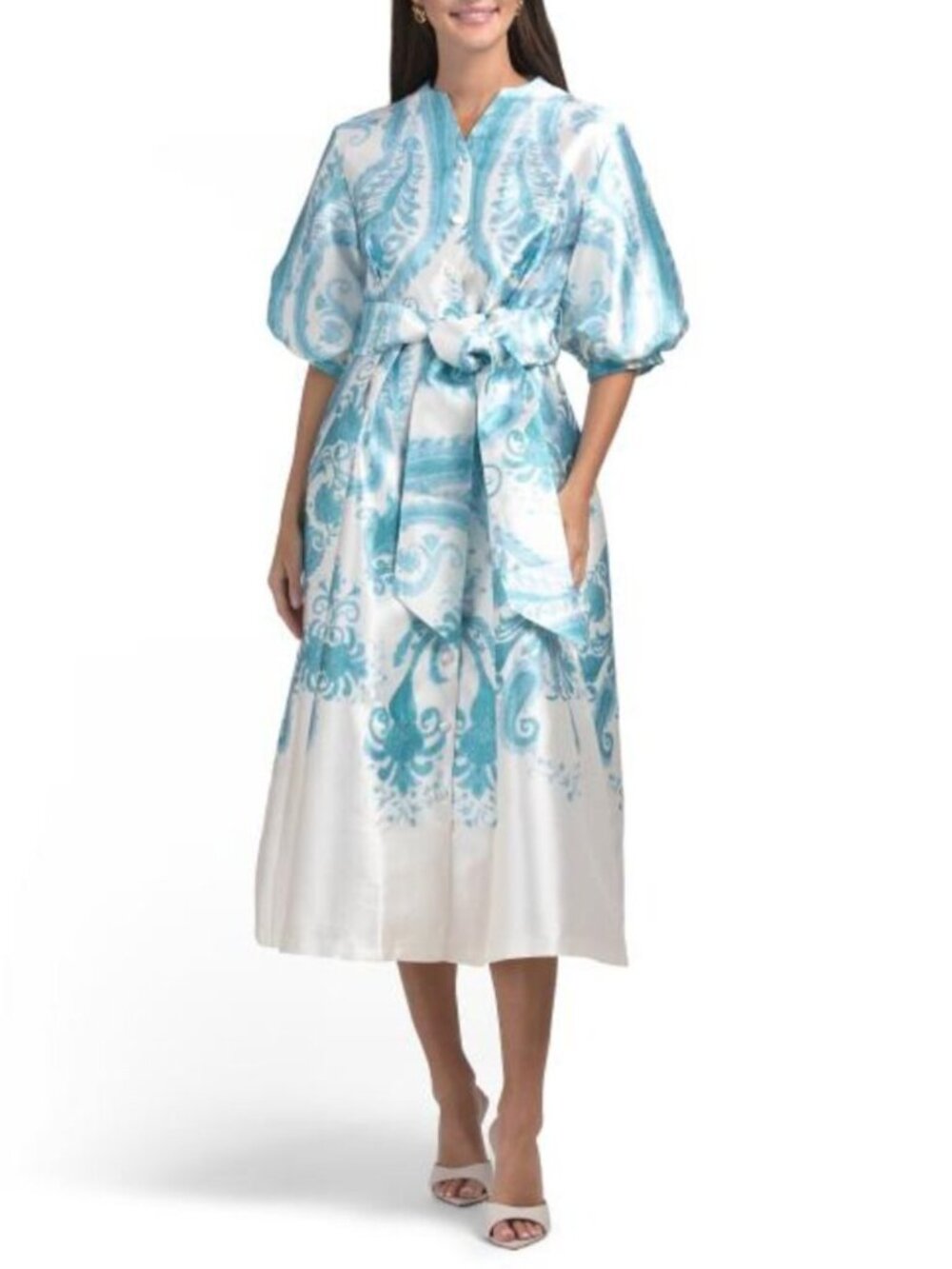 NANCY YANG Puff Sleeve Paisley Mikado Dress